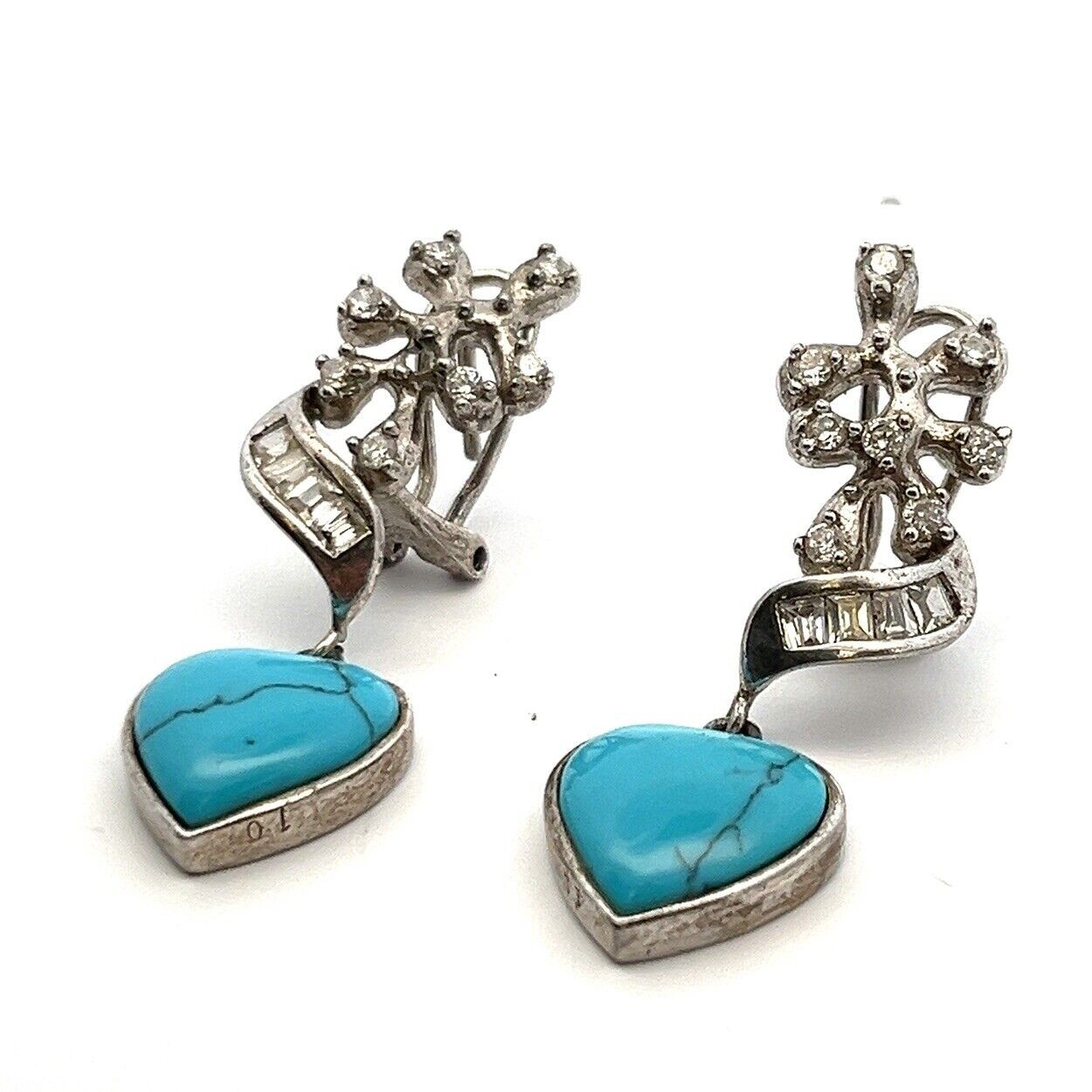 925 Sterling Silver Omega Back CZ & Turquoise Heart Dangle Earrings 9.1g