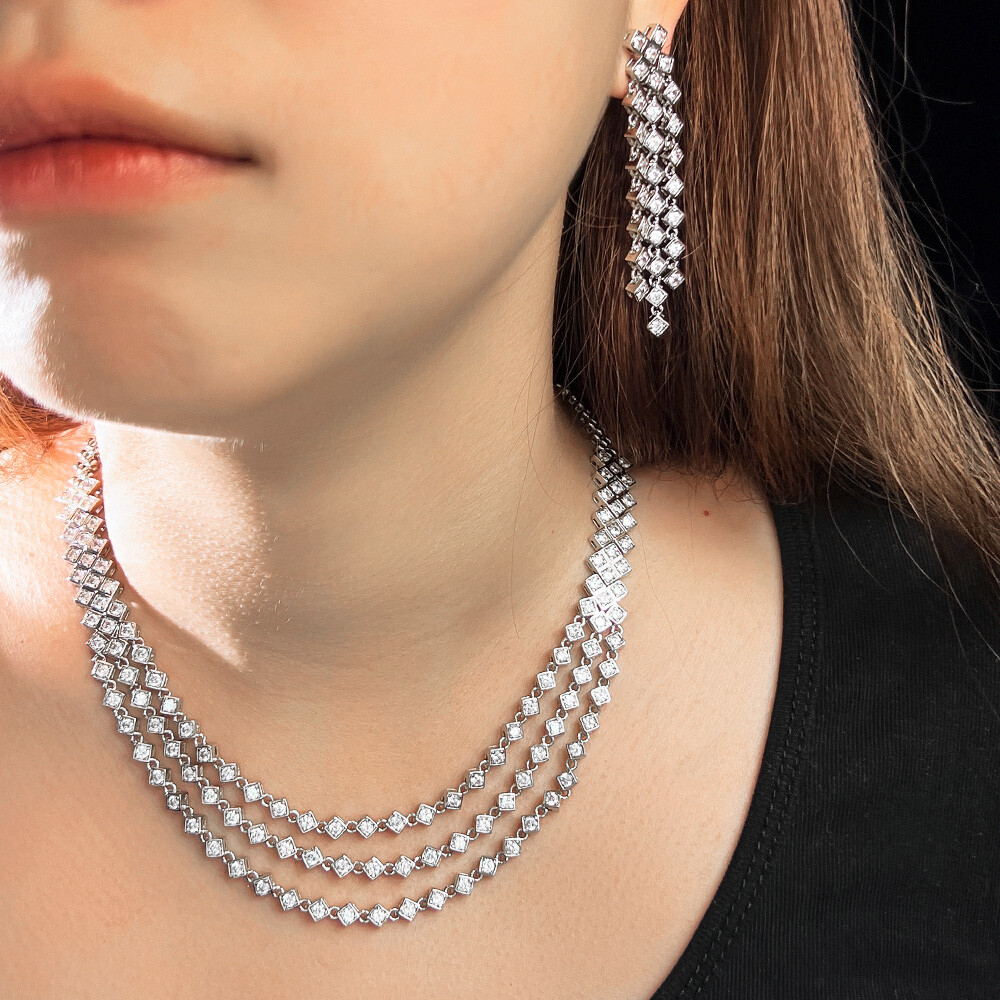 Silver Plated Zircon Multi-layer Necklace Long Tassel Earrings Women Jewelry Set