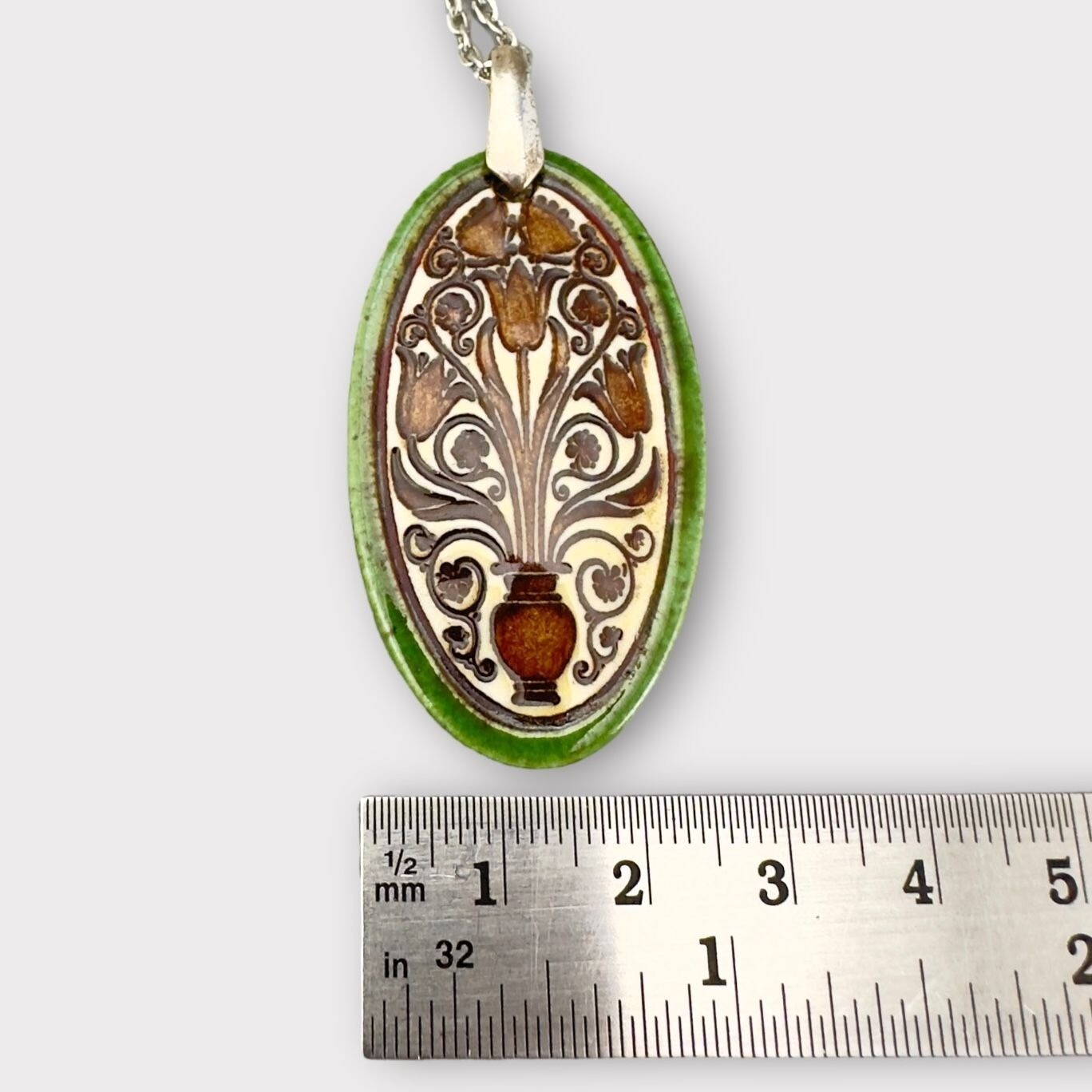 Handcrafted Oval Porcelain Tulip Vase Floral Pendant Necklace Silver Tone Chain