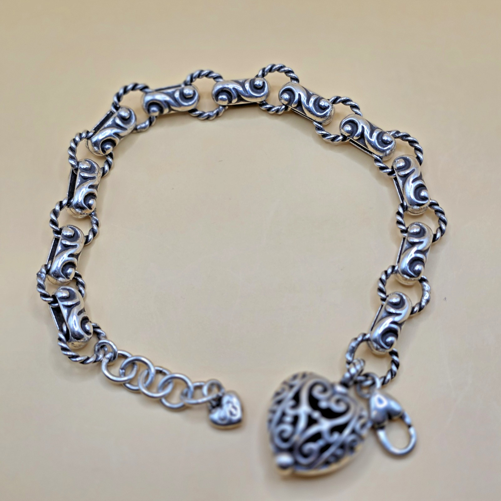 Retired Brighton Bibi Heart Silver Plated Link Charm Bracelet