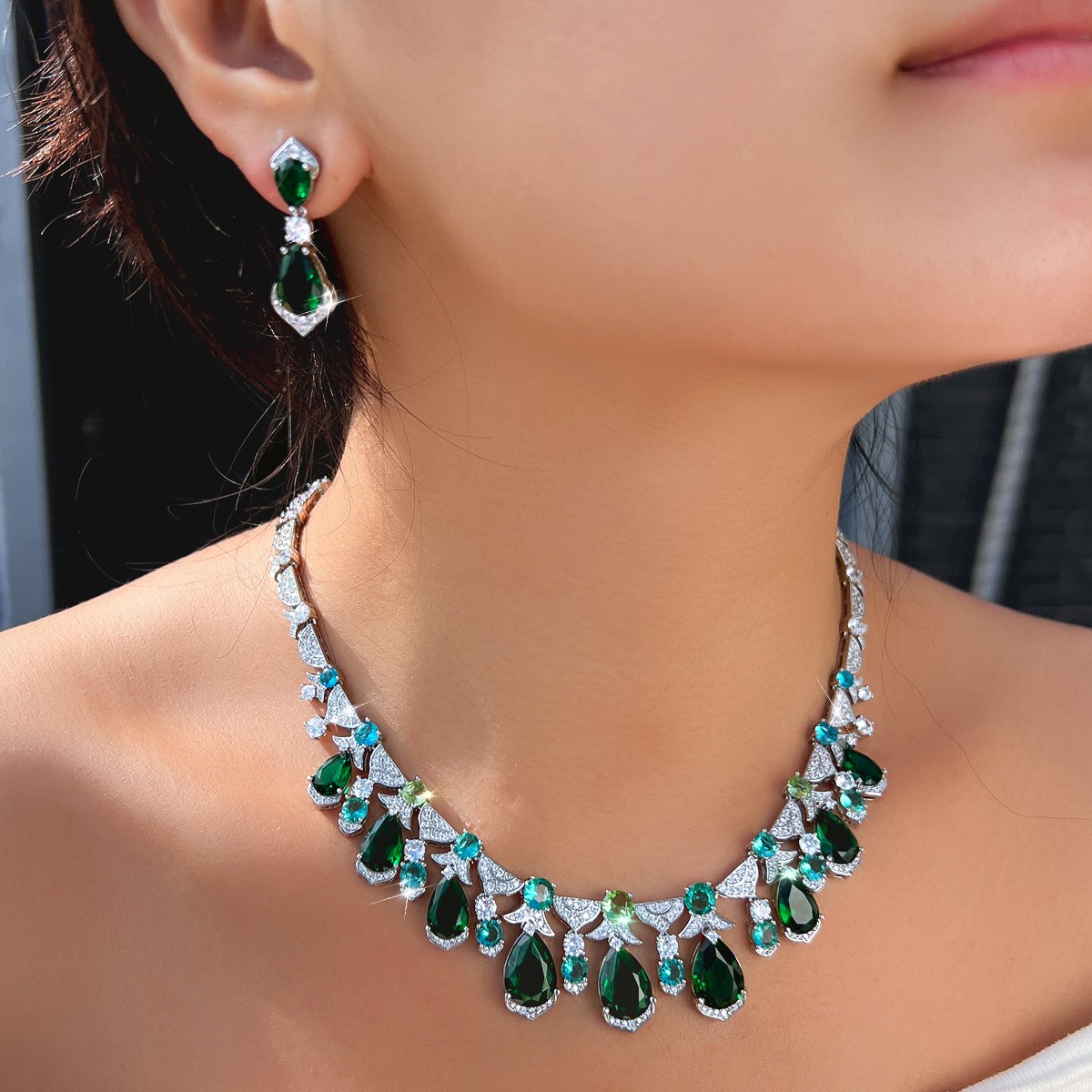 Green Teardrop Fringe Necklace Earrings Silver Plated Wedding Zircon Jewelry Set