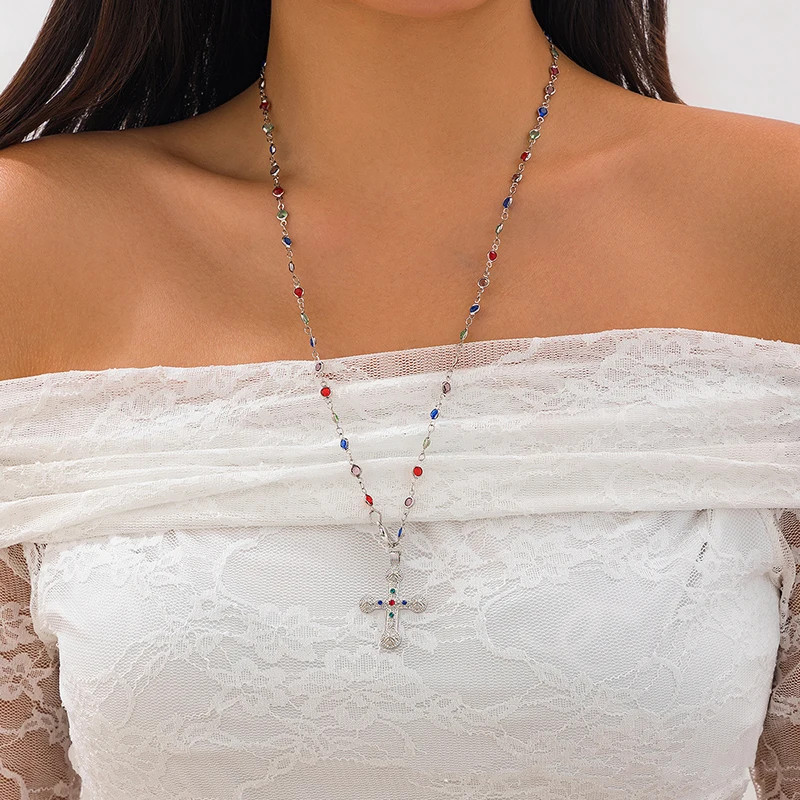 Y2K Fashion Boho Geometric Colored Crystal Chain Necklace for Women Female Vinta