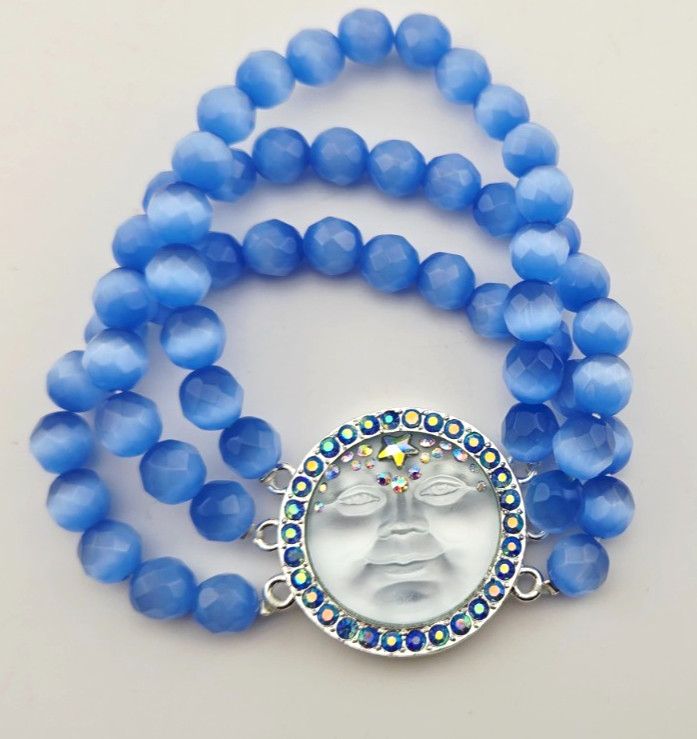 KIRKS FOLLY Venus 25mm Seaview Moon Crystal Stretch Bracelet Silvertone Blue