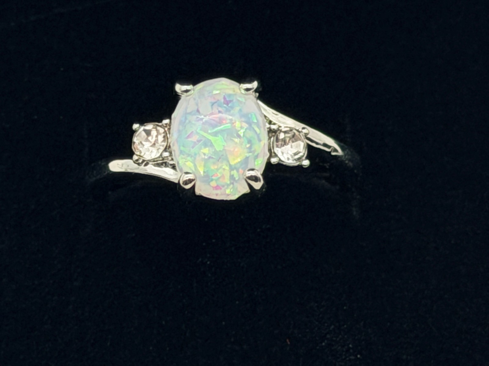 Opal Heart Ring Size 7 – Iridescent Synthetic Opal & Crystal Accent Fashion Jewe