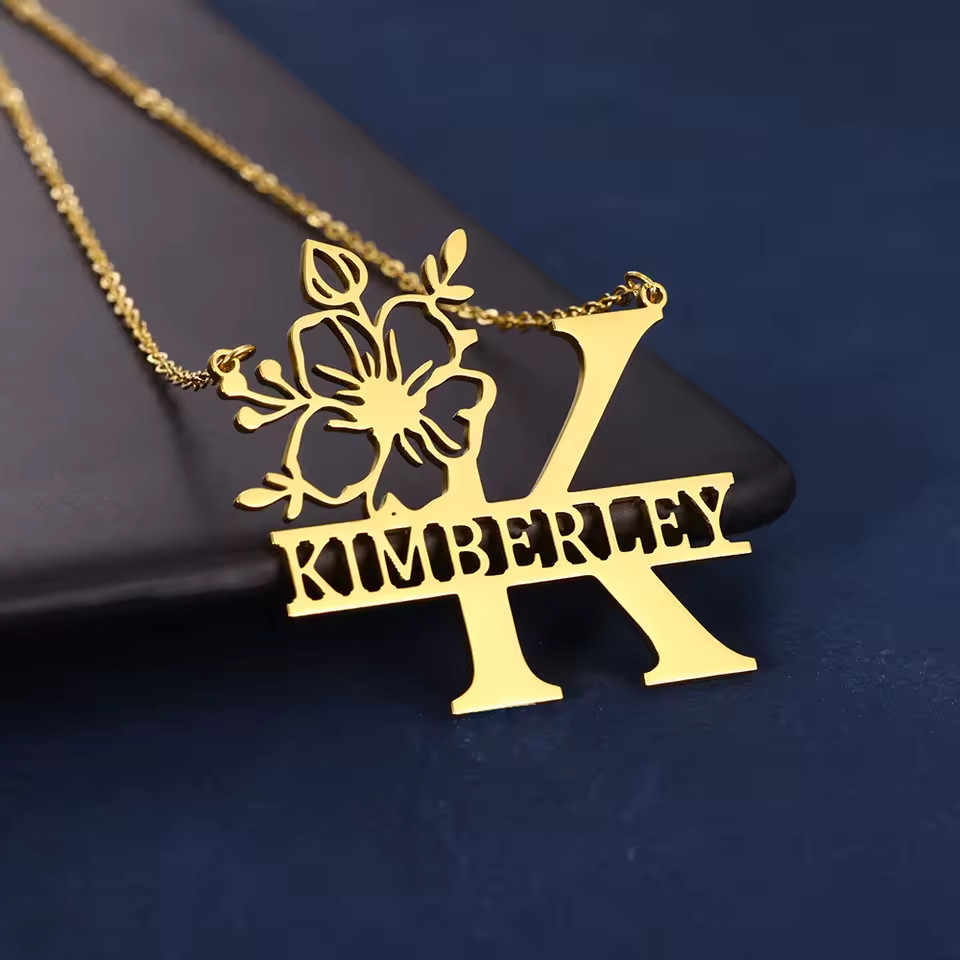 Personalized Name Flower Pendant Necklace Gold Silver Stainless Steel Jewelry