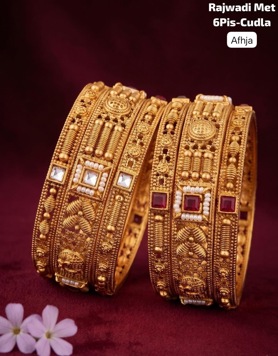 Premium Brass Rajwadi 6 Pcs Chudla Set – Traditional Designer Bangles (Sizes 2.4
