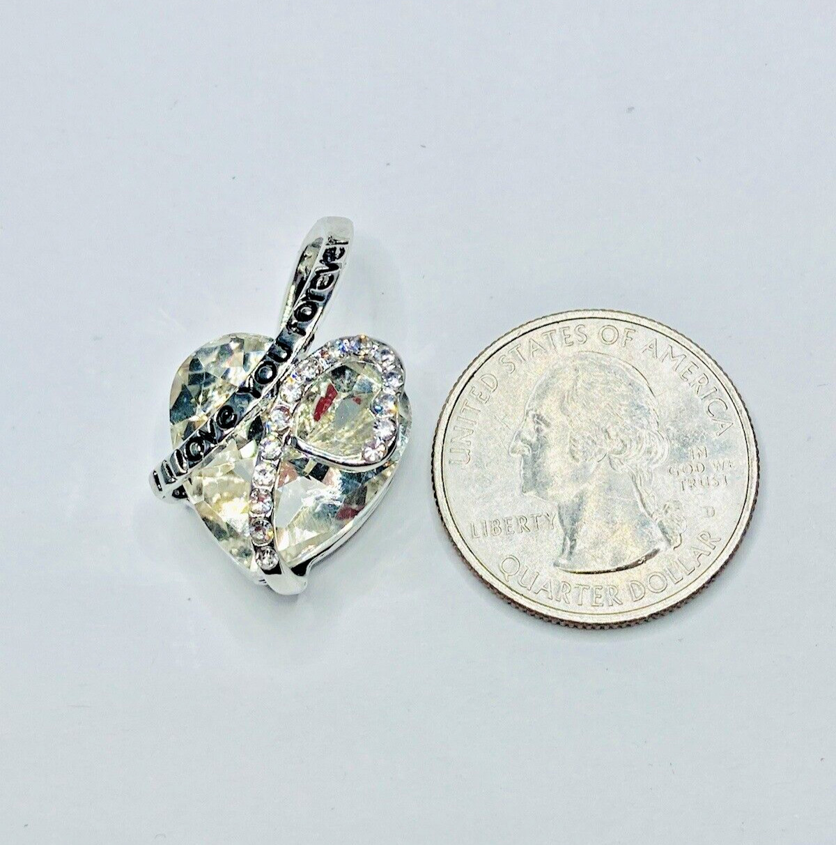 14k White Gold Plated Heart “I Love You Forever” Pendant Huge Whit Cz &Chain 20″