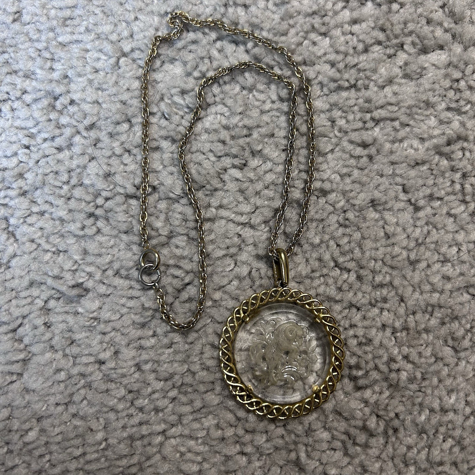 Vintage 1970s Crown Trifari Etched Glass Aries Pendant and Chain