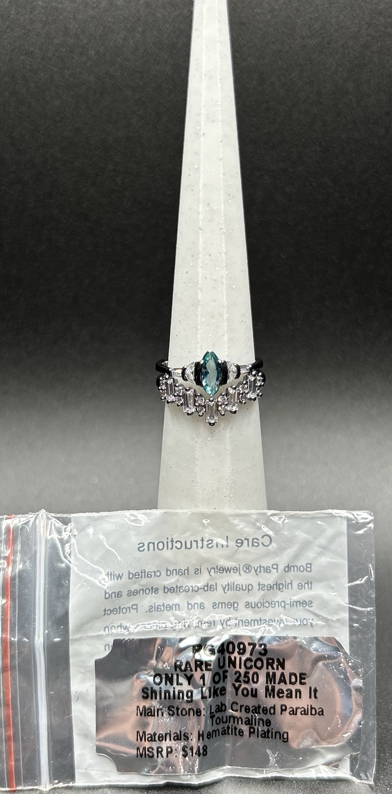 Bomb Party Sz 7 RG40973 RARE UNICORN Shining Like You Mean It Paraiba Tourmaline