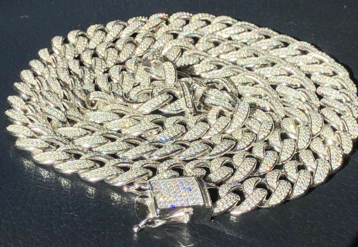 Mens Cuban Miami Link 12mm Chain 925 Silver 40-60ct Simulated Diamonds 18-30″