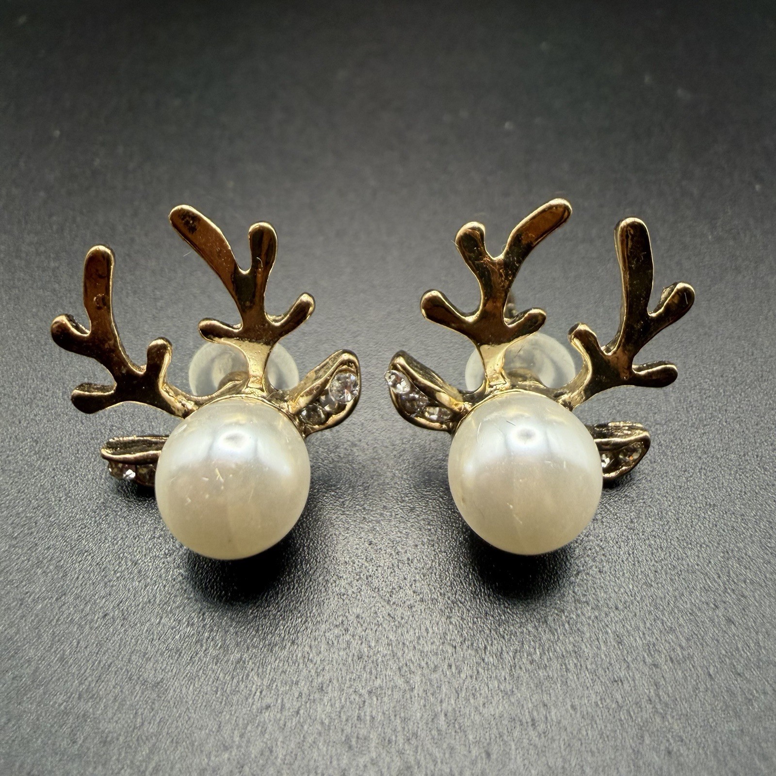 Christmas Deer Faux Pearl Gold Tone Ear Stud Earrings Christmas Gift Womens New
