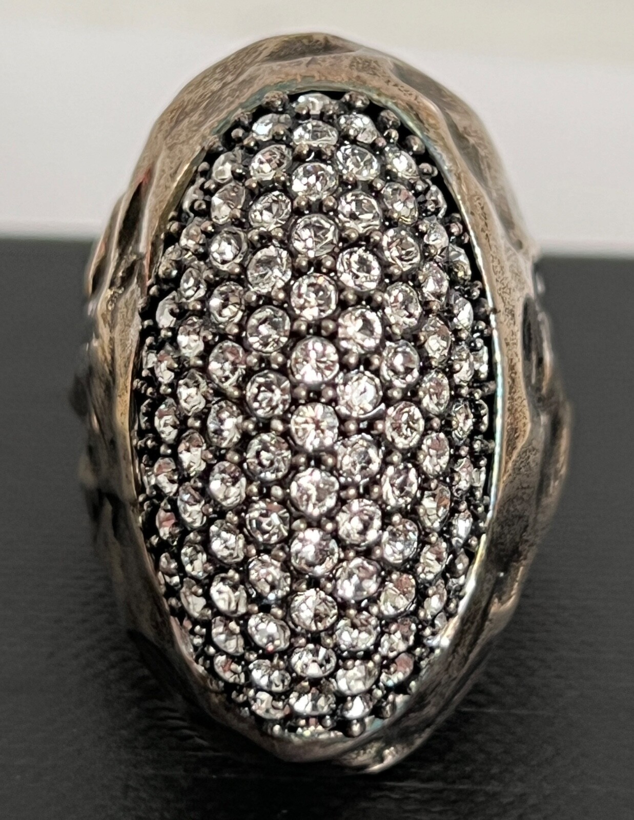 NIB Saint Laurent YSL Crystal Egg Molten Silver Brass Dome Cocktail Ring 7 $895