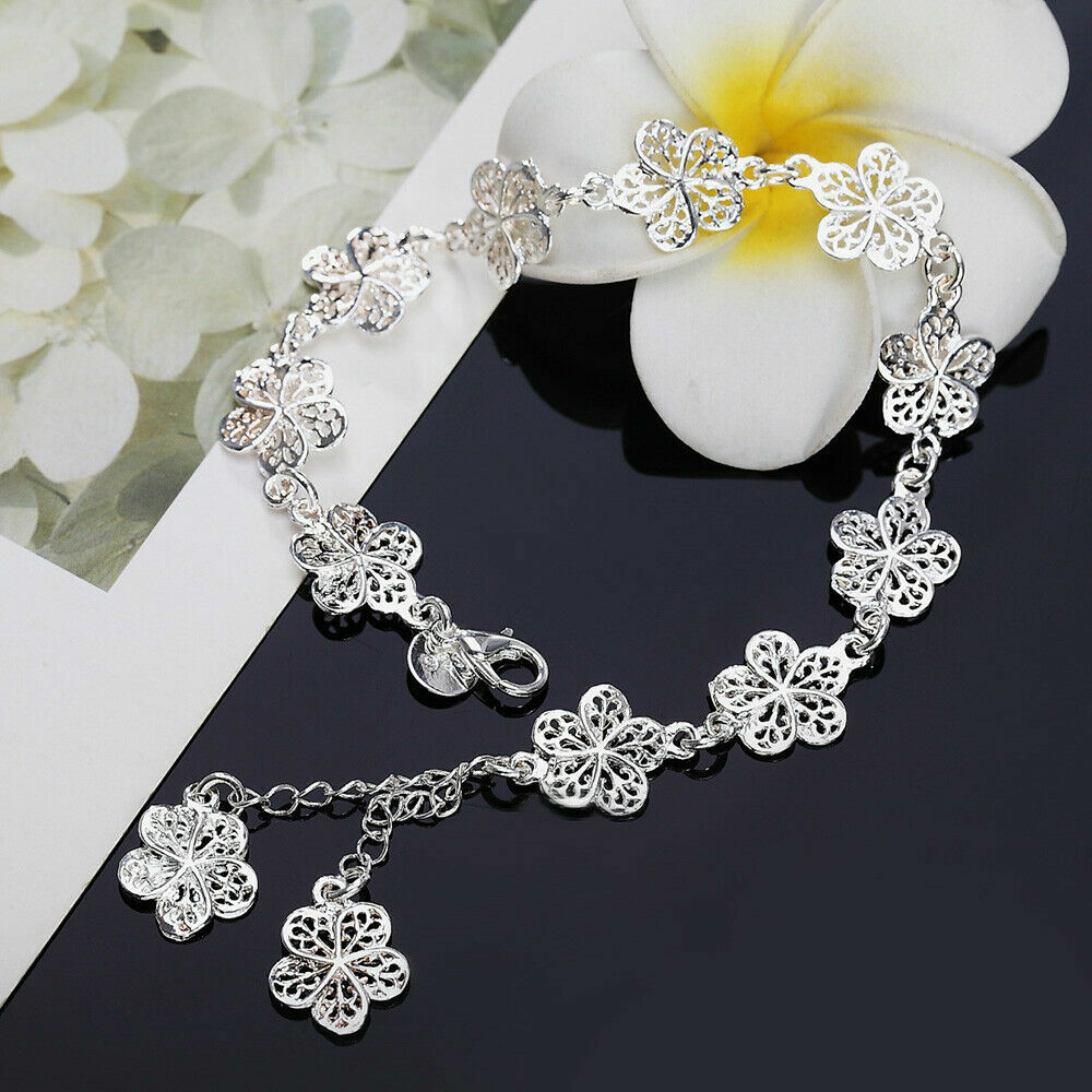Elegant Unique 925 Sterling Silver New Women Fashion Flower Style 8.5″ Bracelet