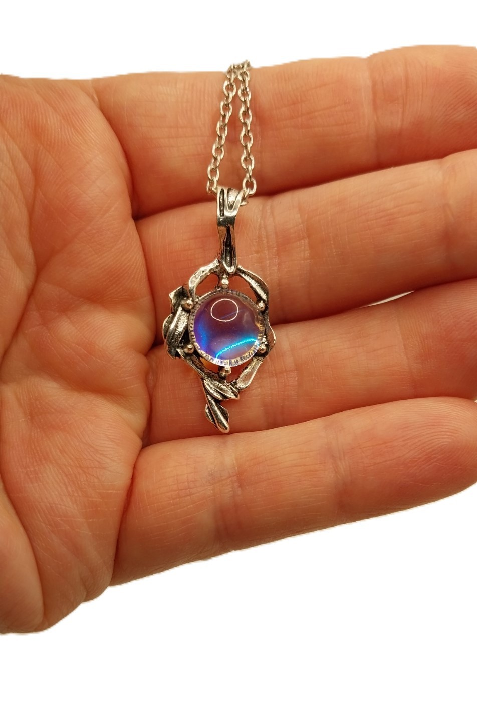 Rainbow Moonstone Flame Pendant Necklace – Retro Vintage Style Women’s Jewelry