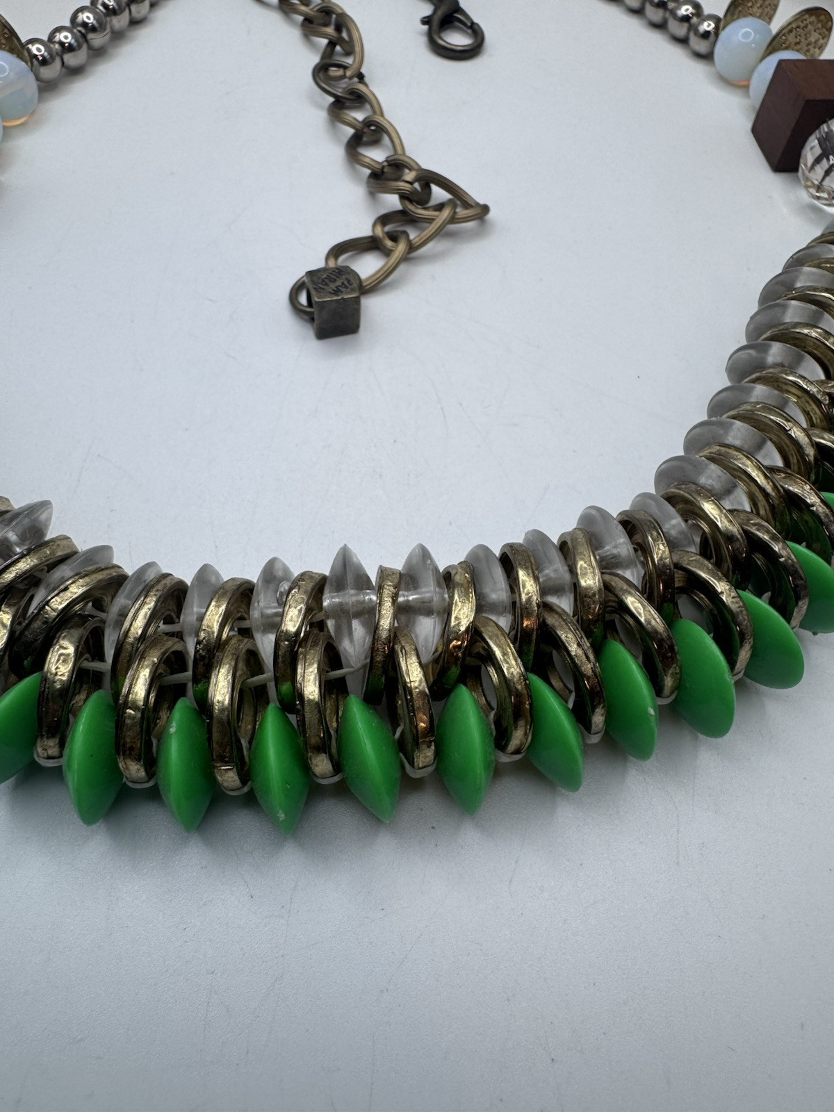 Pam Hiran Coil & Beads Necklace Green-Clear Glass & Gold Beads Whit Silver Chain