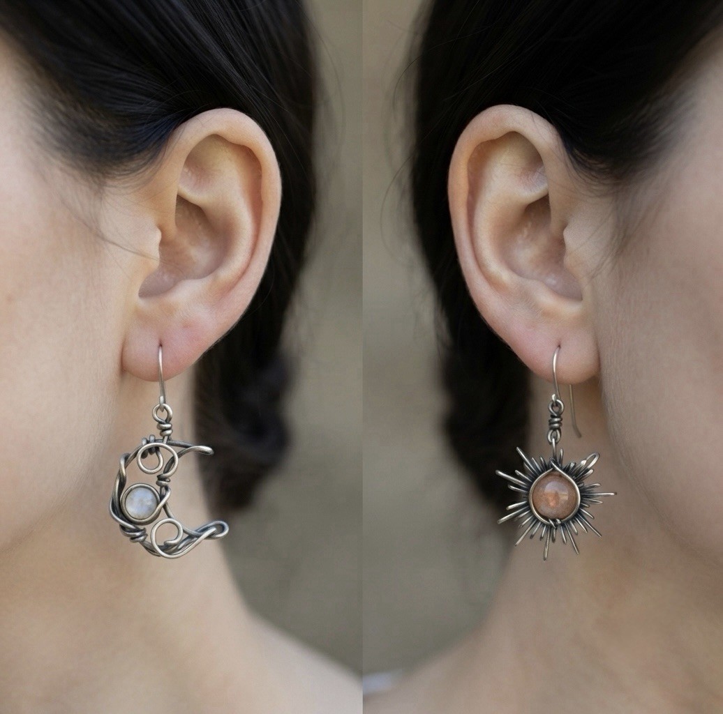 Oxidized Silver · Moonstone Asymmetric · Hook earrings bohemian handcrafted