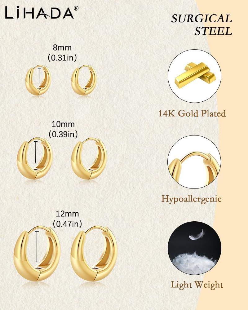 Surgical Steel Small Huggie Hoop Earrings for Women Set,14K Gold Plated Hypoalle