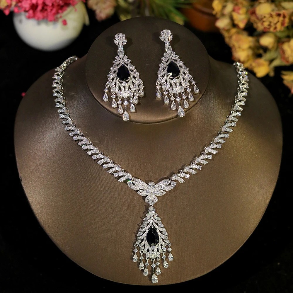 Premium Bridal wedding Jewelry Sets Necklace Engagement Party Earrings Silver