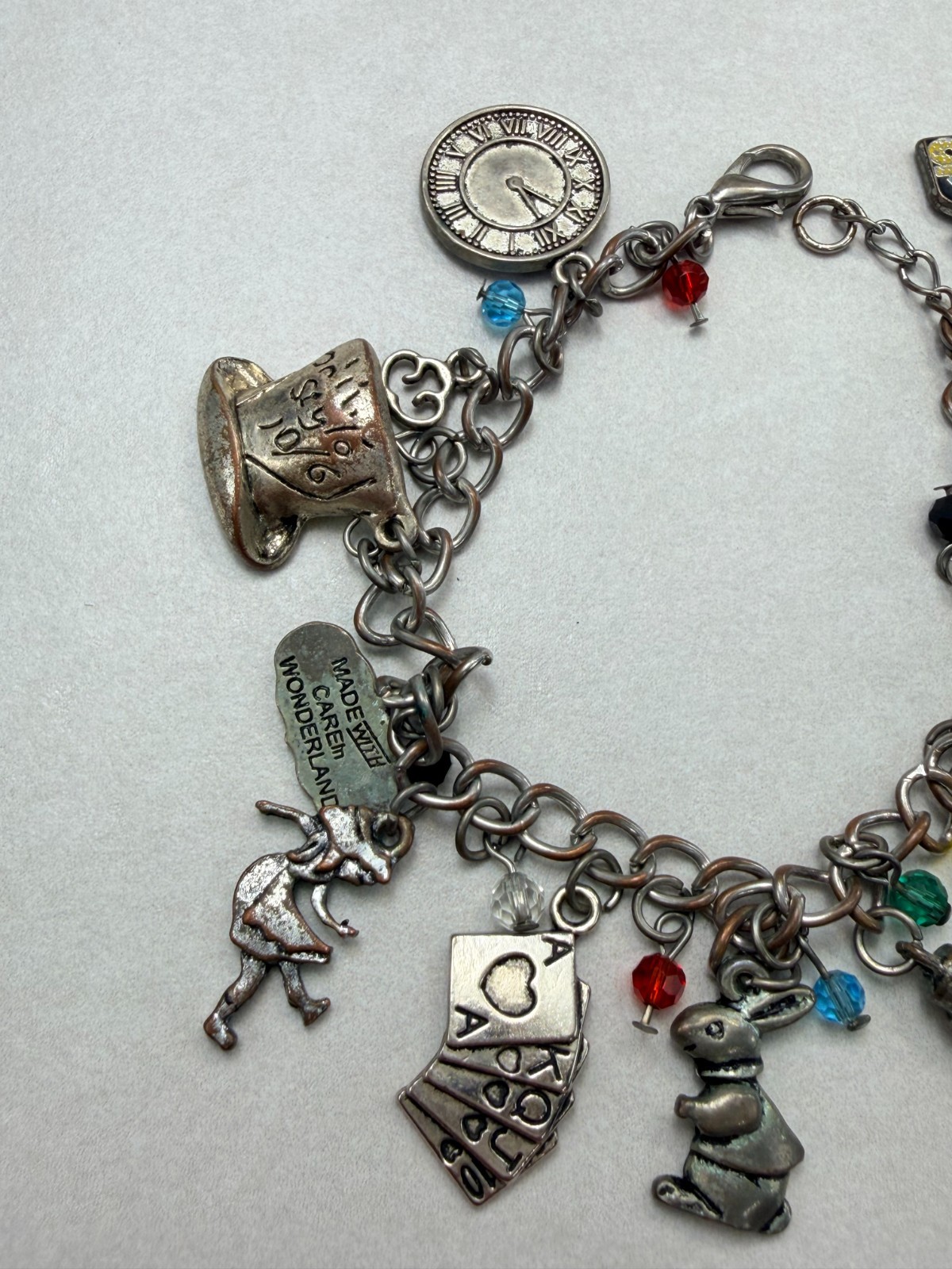 Alice in Wonderland Charm Bracelet Silver Tone Fairy Tale Jewelry 8.1/4″