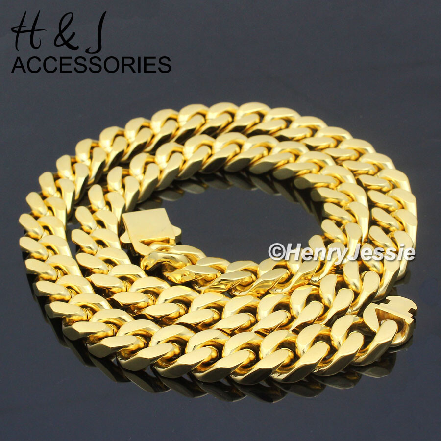 16″-40″MEN 316L Stainless Steel 10mm Gold Plated Miami Cuban Curb Chain Necklace
