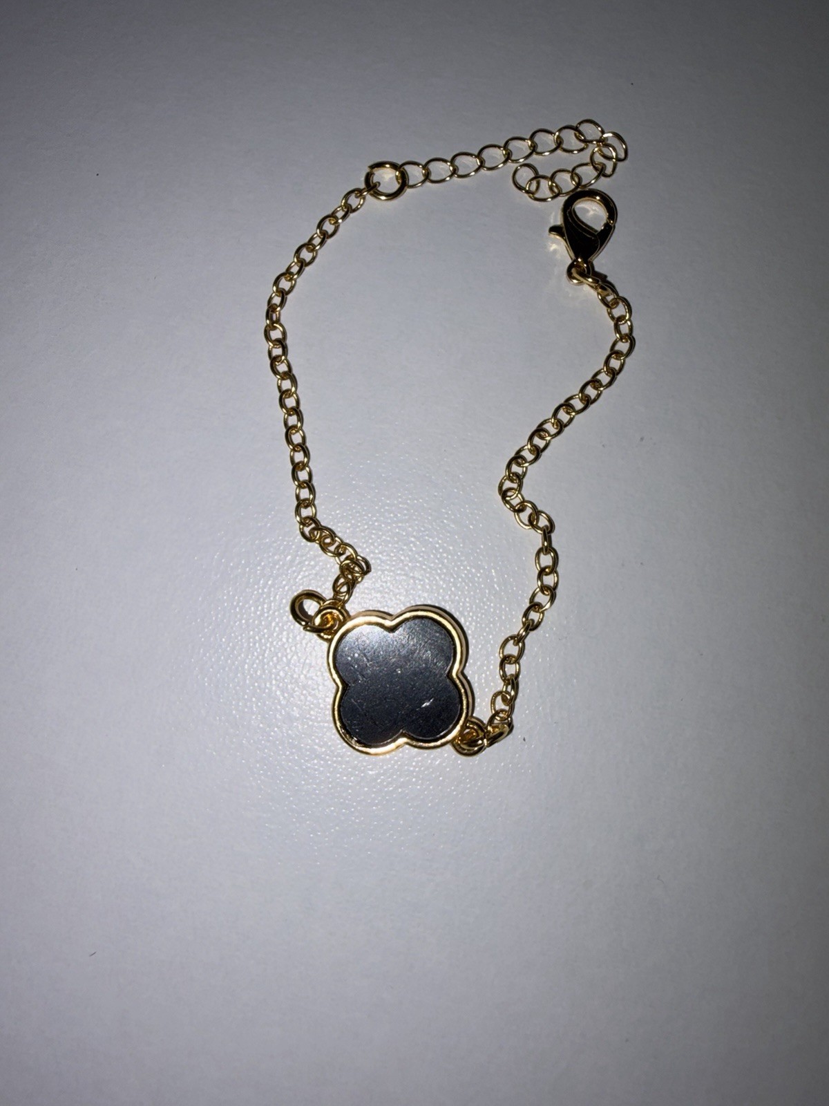 Gold Tone Cable Chain Bracelet Black Clover Charm Lobster Clasp
