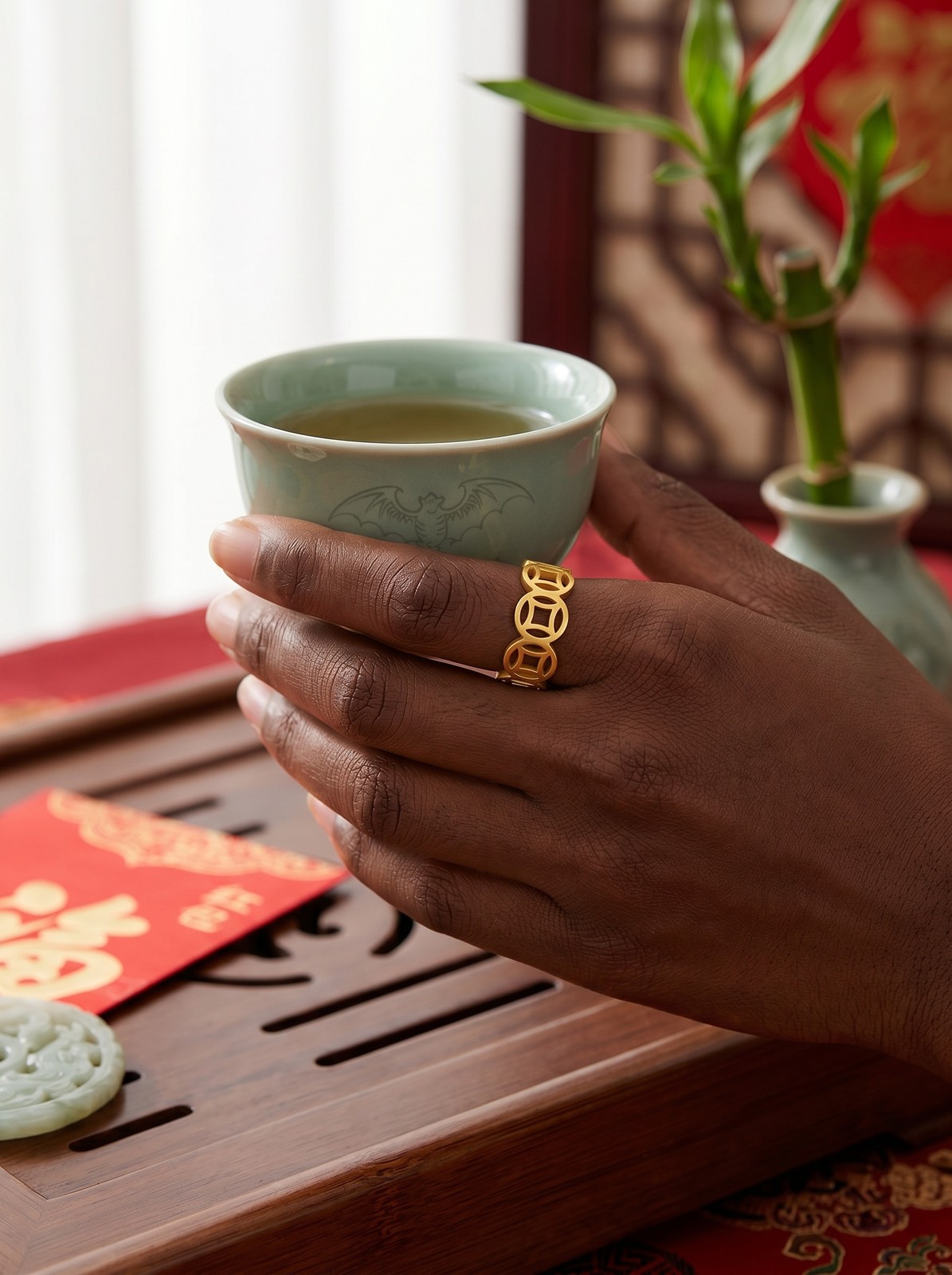 Chinese Coin Ring, Gold-Tone Band w/ Traditional Chinese Prosperity Symbol