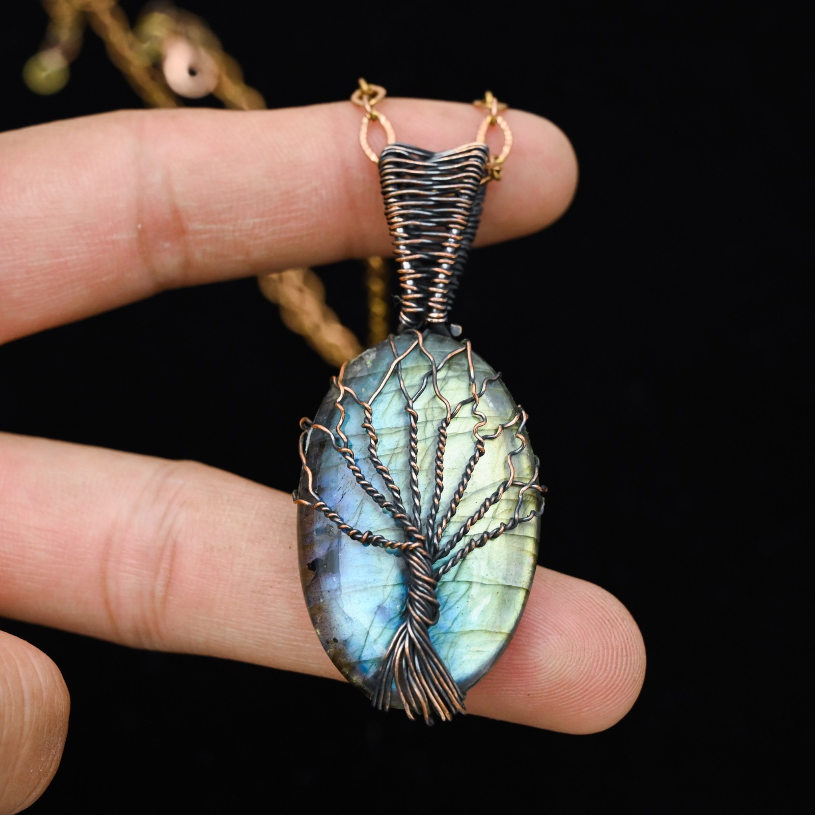 Copper Wire Wrap Labradorite Tree of Life Pendant Artisan Gemstone Necklace