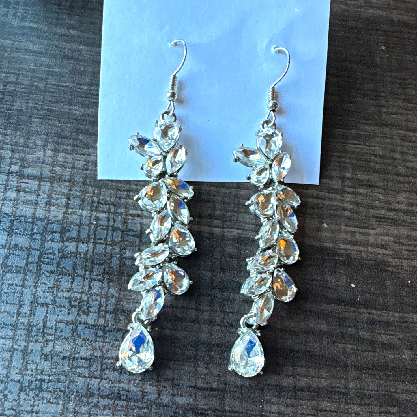 Silver Tone Clear Crystal Rhinestone Teardrop Dangle Hook Earrings 3 in