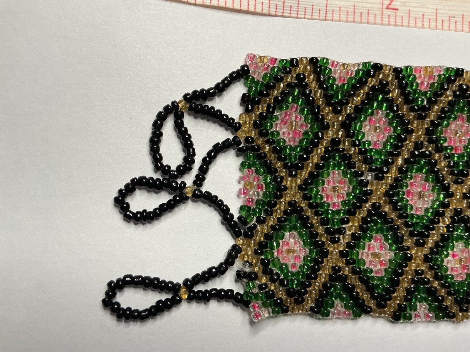 Vintage Seed Bead Cuff Bracelet, Pink/Green/Black Diamond Pattern, 30g