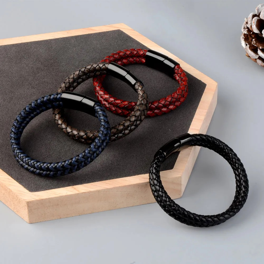 Genuine Leather Double Rope Braid Bracelet For Men Multicolor Choice