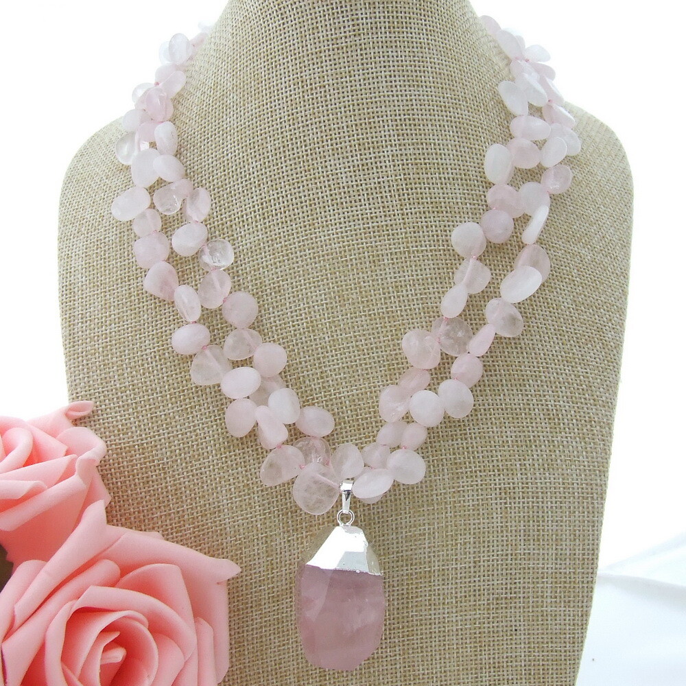 18″ 2 Strands natural Rose Quartz Necklace Rose Quartz Pendant