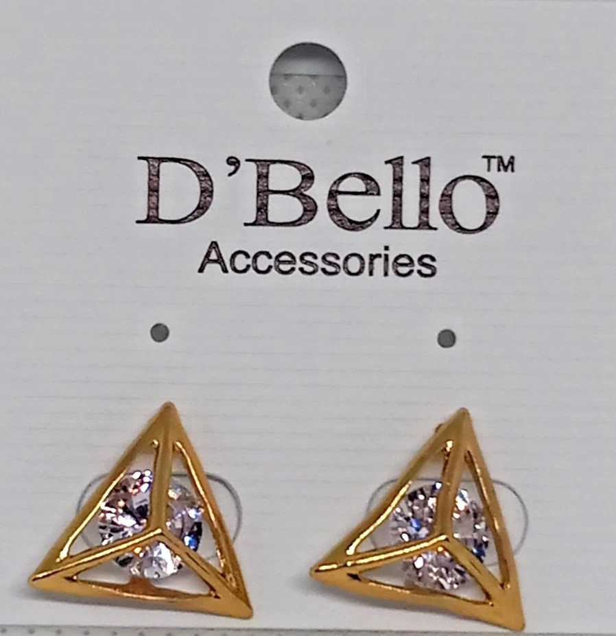 D’Bello Accessories Gold Tone Triangle Stud Earrings Caged Gem