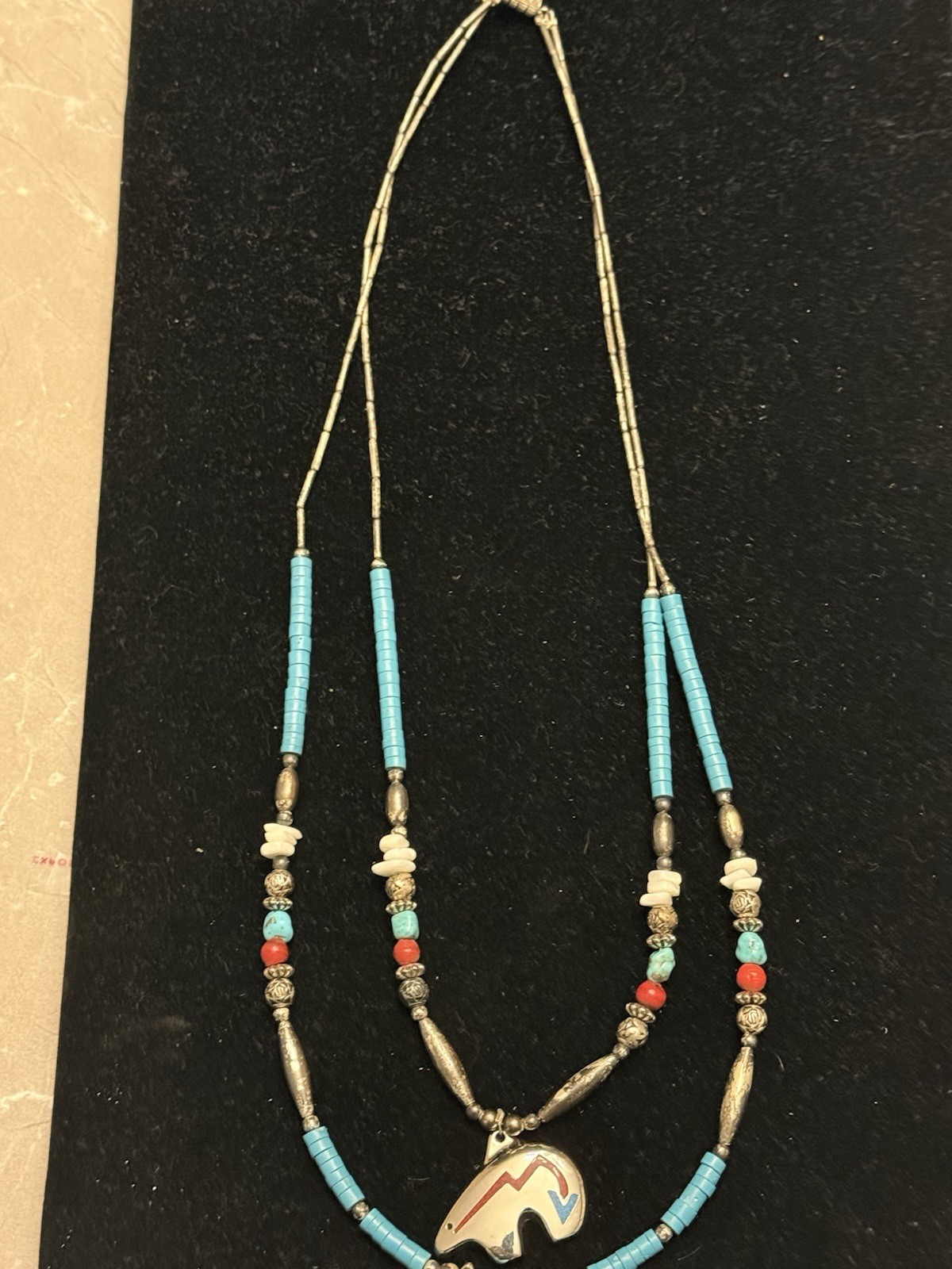 Turquoise & Coral Beaded Necklace Bear Charm Pendant, Multicolor Barrel Closure