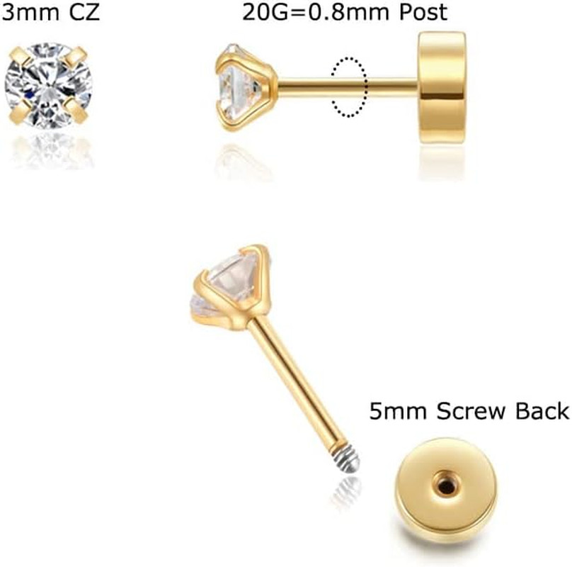 Flat Screw Back CZ Stud Earrings,Small Flat Back Cubic Zirconia Stud Earrings fo