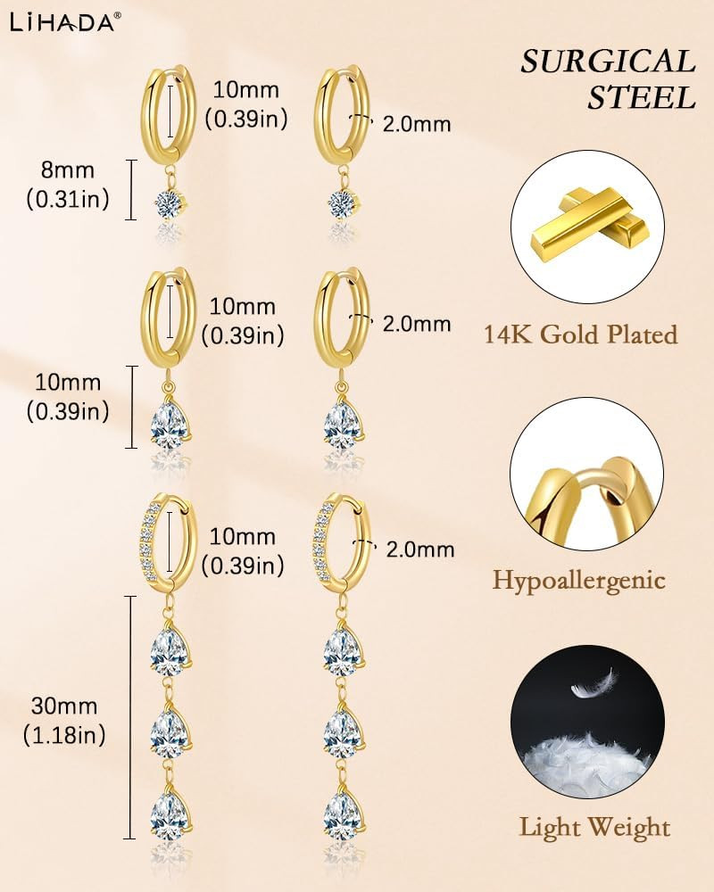 Surgical Steel Small 14K Gold Plated Huggie Hoop Earrings Set,Hypoallergenic Lig