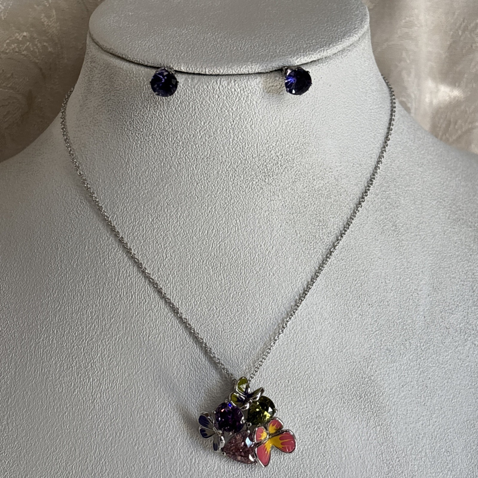Park Lane Fairytale Pendant 16-18” Silver Tone Purple Pink Green Butterfly & Bns
