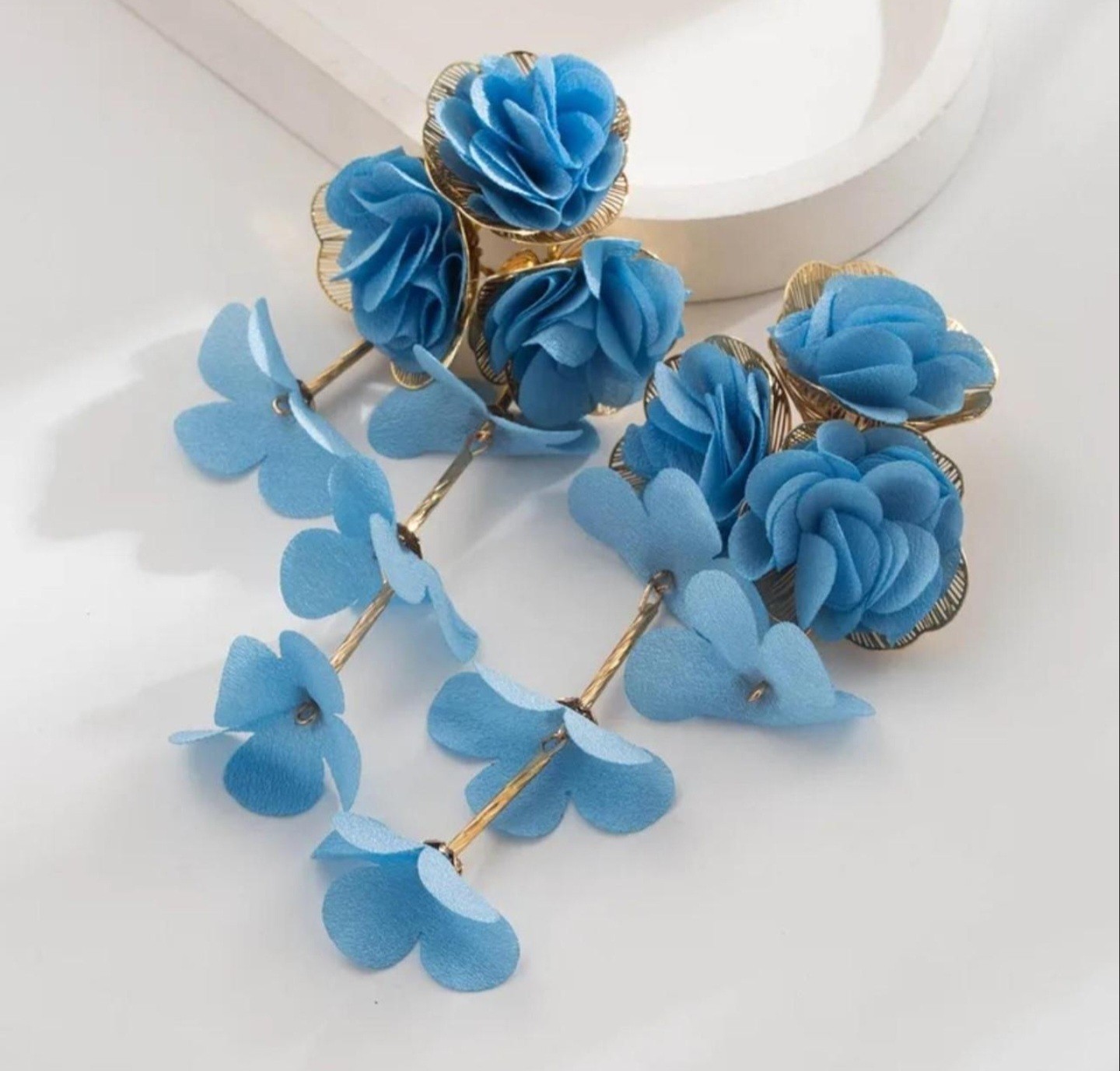 Light Blue Floral Flower Fabric Metal Dangle Drop Earrings Push Back Lobe