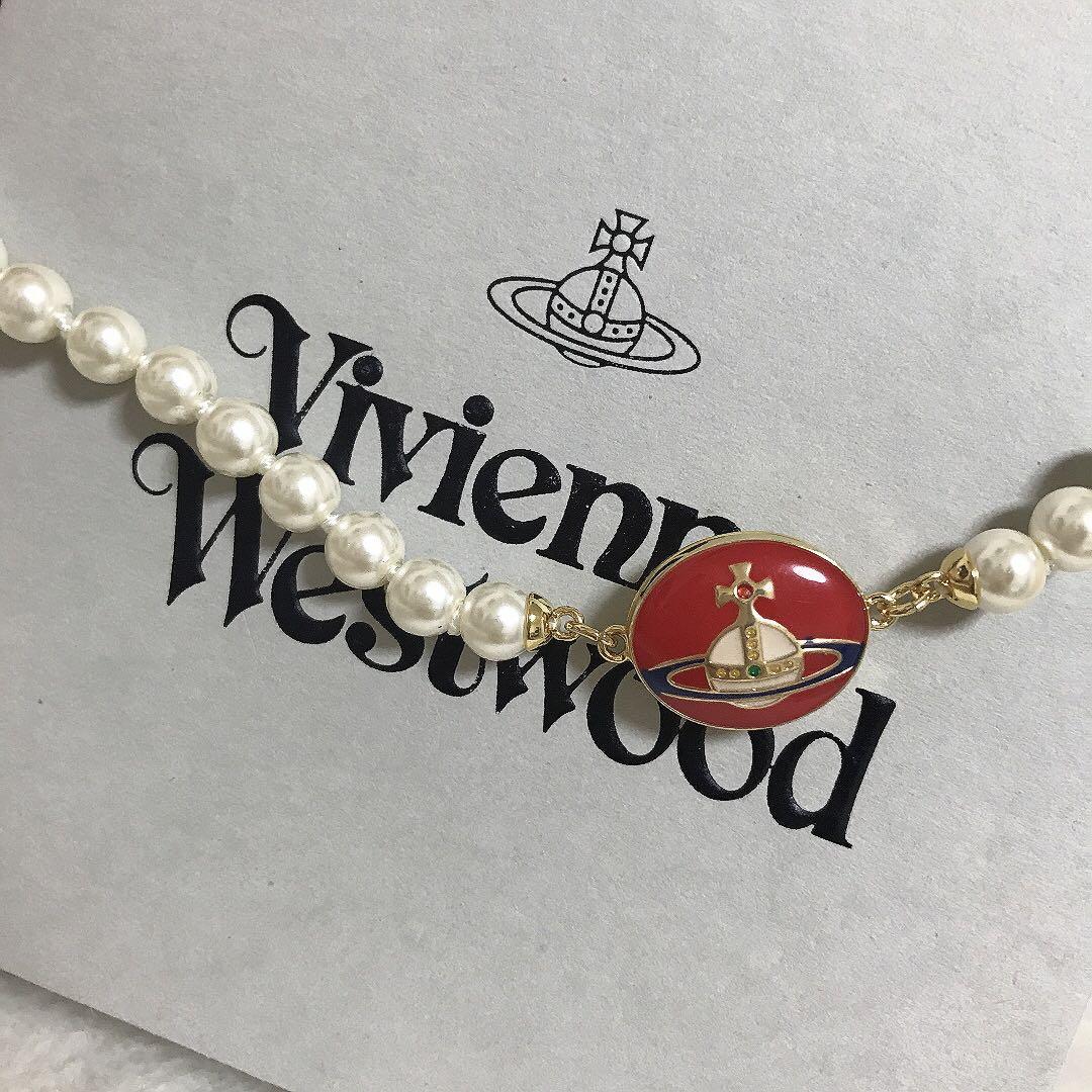 Vivienne Westwood Necklace Enamel Pearl Choker Red x Gold 40cm IN BOX