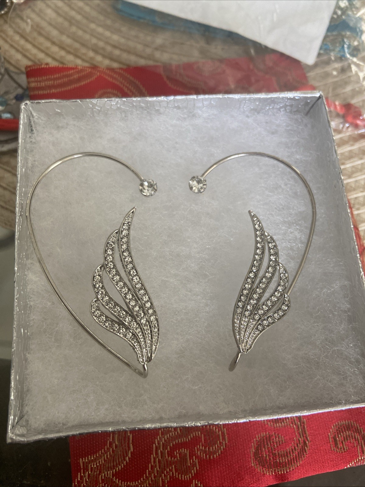 Silver Tone Angel Wing Ear Cuffs Non Piercing Adjustable Crystals Earrings