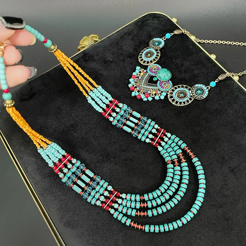Retro Exotic Ethnic Bohemian Necklace Earrings Set Female Owl Bead String