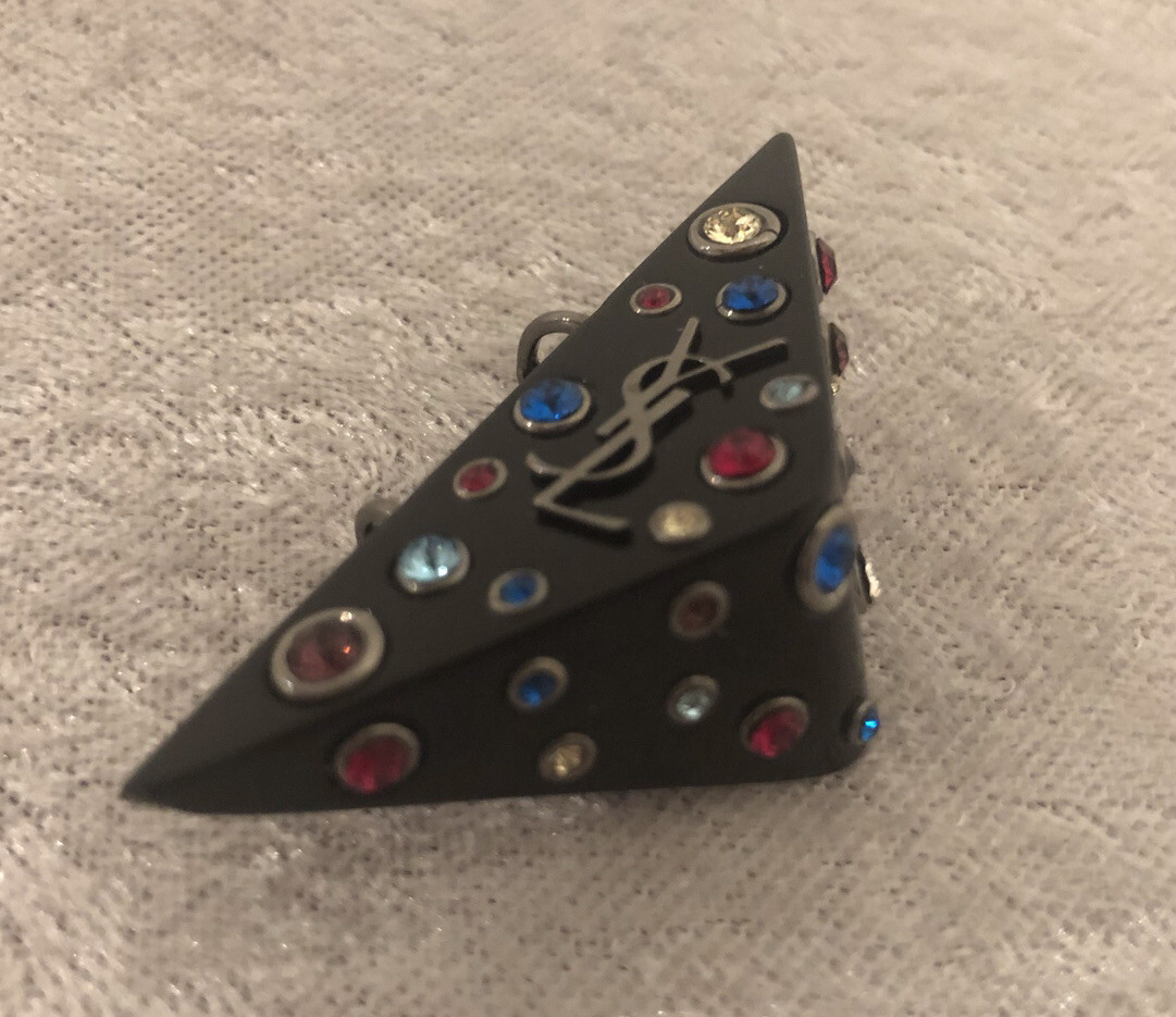 New Saint Laurent Crystal Monogram YSL Logo Triangle Clip On Earrings $495.00