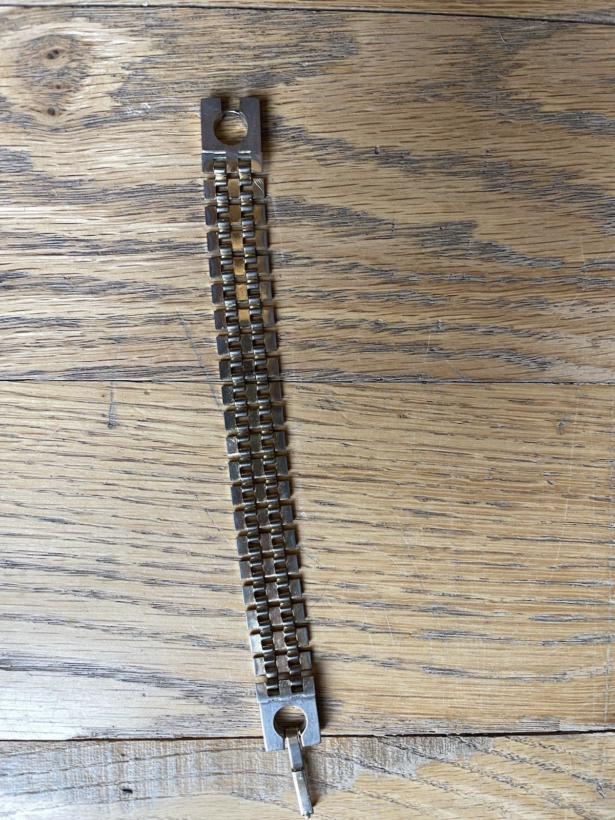 Vintage Two Tone Link Bracelet 7” Heavy 30g Industrial Modernist Clasp