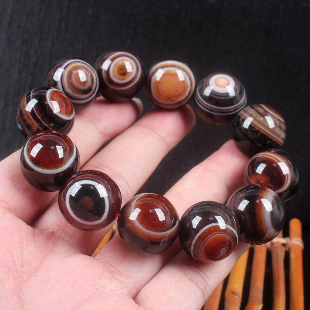 20mm Rare China Natural Agate Onyx Carved Buddha Beads Bracelet Bangle Wristlet