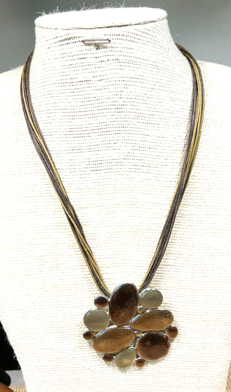 Fashion Necklace Silver Tone Enamel Copper Olive Green Cord Pendant Lot 103C