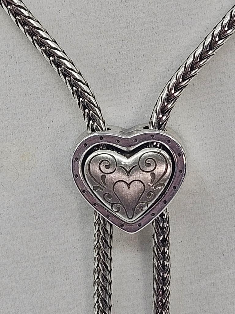 Brighton Eliza Silver Heart Slide Bolo Lariat Necklace #597 Wheat Chain Retired