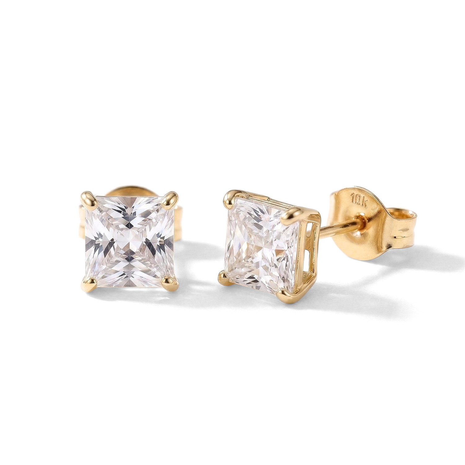 10K Real Solid Gold Princess-Cut Solitaire Stud Earrings Pushback 3mm-8mm