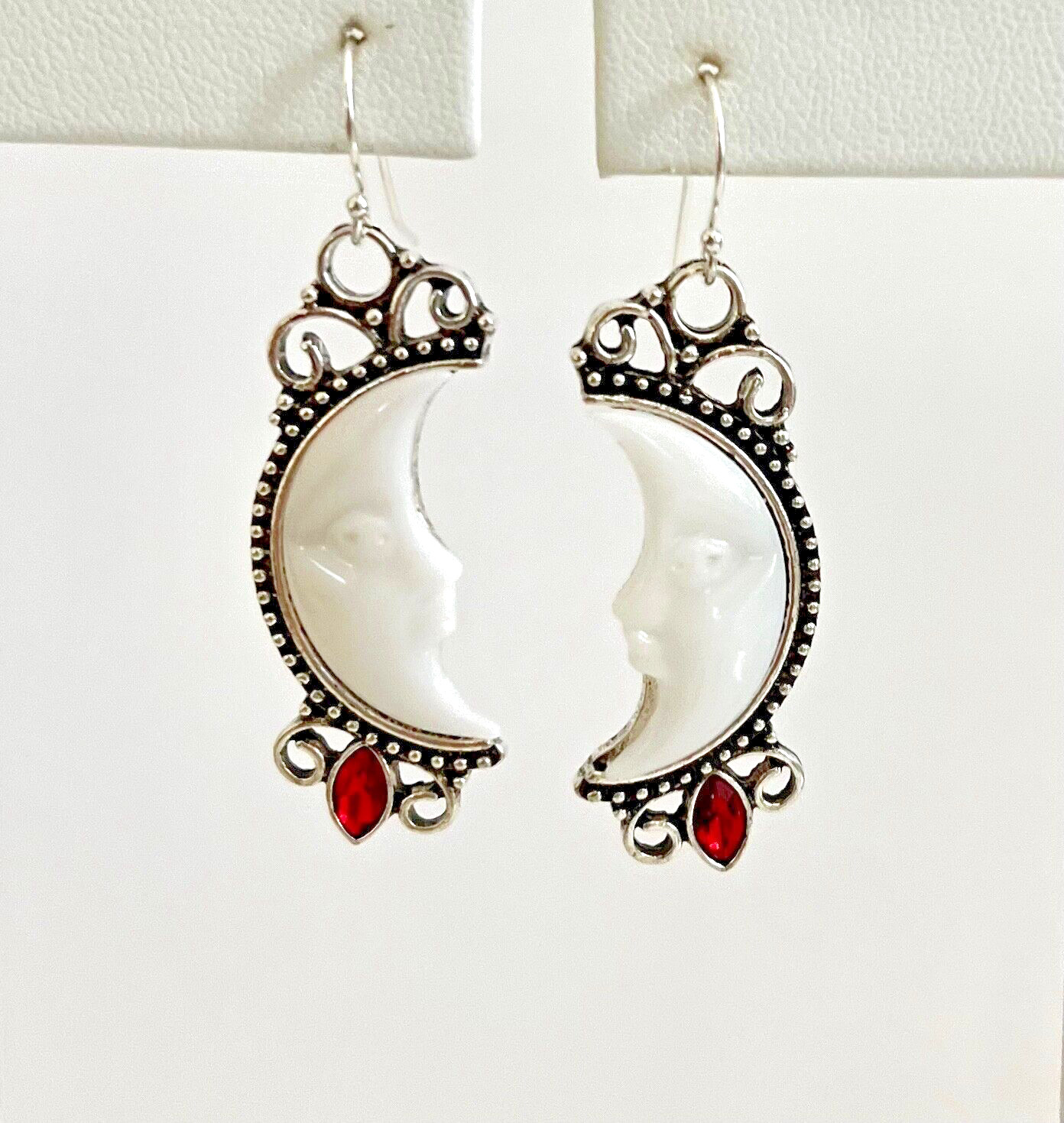 *IAJ* Sterling Silver Earrings with Carved White Moon Face & Crystals