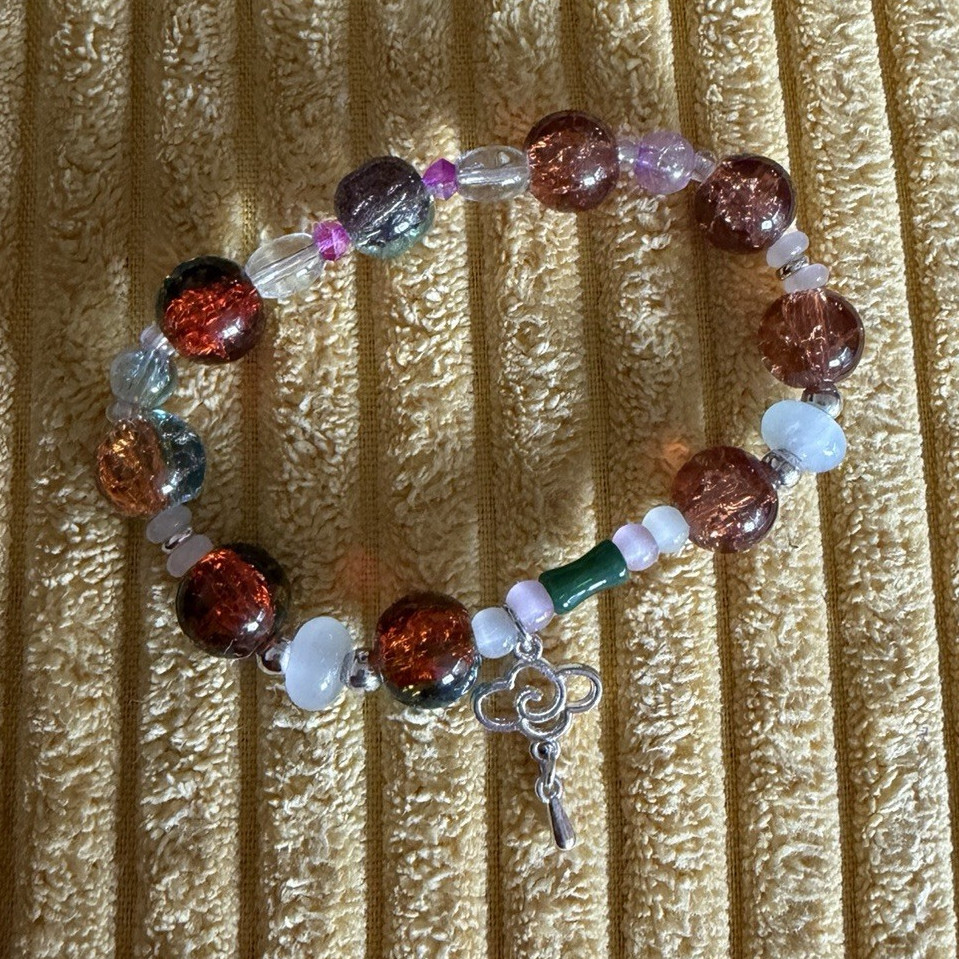 Multicolor Glass Round Beaded Stretch Slip-On Bracelet with Dangle Charm
