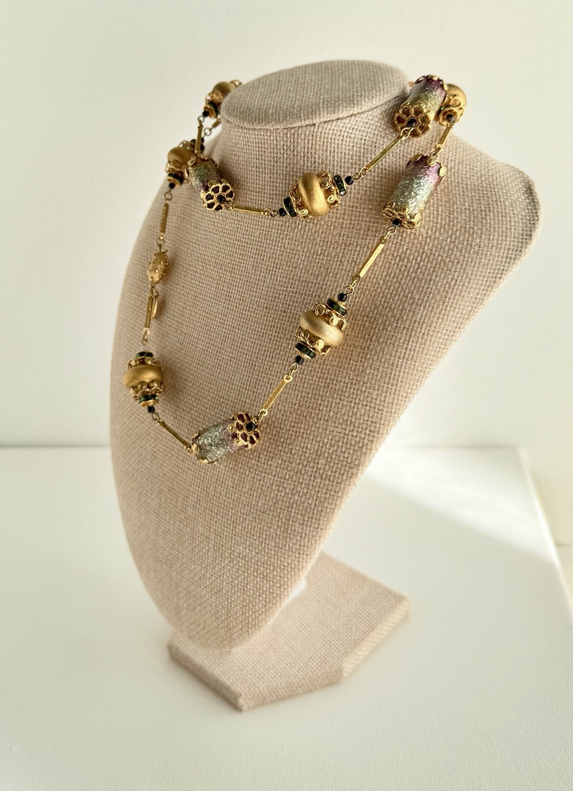 Vintage Vendome Necklace Gold Tone Pink Green Glitter Beads Signed