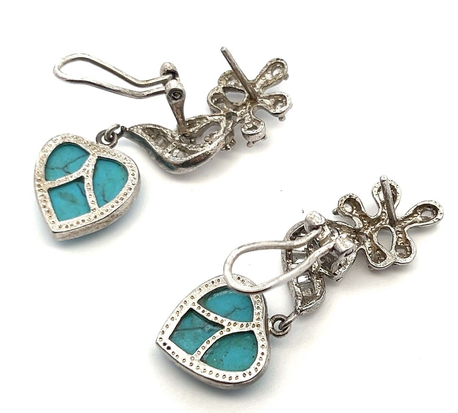925 Sterling Silver Omega Back CZ & Turquoise Heart Dangle Earrings 9.1g